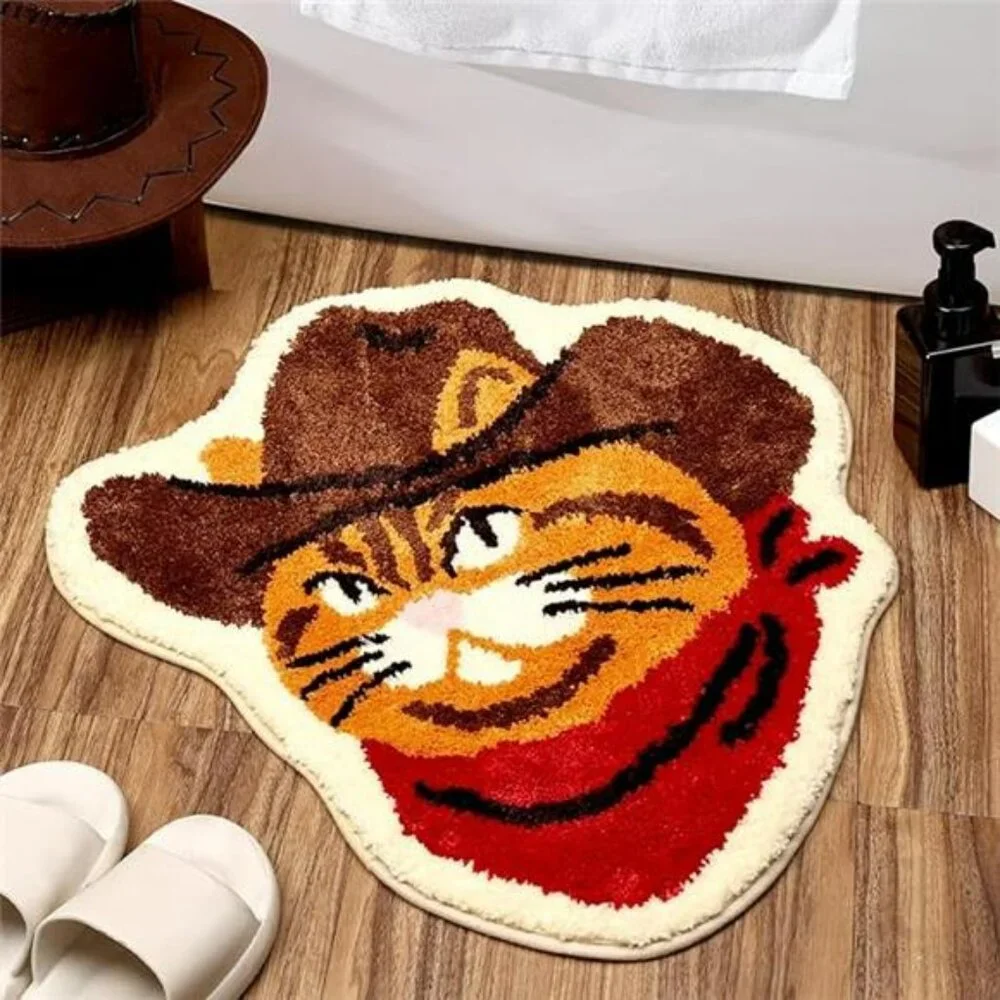 Funny Cat Bathroom Rug Western Cowboy Bath Mat Non Slip Washable Plush Floor Car
